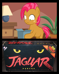 Size: 446x558 | Tagged: safe, babs seed, g4, atari, bad gift meme, exploitable meme, female, filly, foal, frown, jaguar, lamp, meme, plant, shrunken pupils, video game