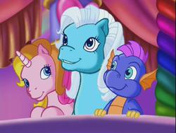 Size: 640x480 | Tagged: safe, screencap, master kenbroath gilspotten heathspike, rainbow dash (g3), rarity (g3), g3, the runaway rainbow, colorless, cute, faded, happy