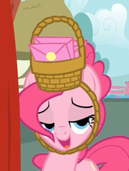Size: 435x576 | Tagged: safe, screencap, pinkie pie, earth pony, pony, g4, party of one, basket, basket hat, door, female, hat, lidded eyes, out of context, solo