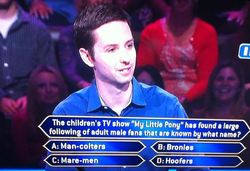 Size: 878x600 | Tagged: safe, human, brony, hoofers, irl, irl human, photo, picture of a screen, television, text, who wants to be a millionaire