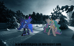 Size: 1920x1200 | Tagged: dead source, safe, artist:chevrolet-evilimpala, artist:evilimpala-ss, princess celestia, princess luna, alicorn, pony, g4, female, mare, ponies in real life, royal sisters, siblings, sisters, snow, tree, vector, wallpaper