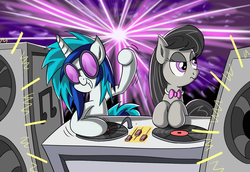 Size: 1280x880 | Tagged: safe, artist:ziemniax, dj pon-3, octavia melody, vinyl scratch, g4, speaker, turntable