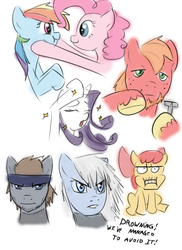 Size: 700x960 | Tagged: safe, artist:fighting-wolf-fist, apple bloom, big macintosh, pinkie pie, rainbow dash, rarity, earth pony, pegasus, pony, unicorn, g4, konami, male, metal gear, ponified, raiden, shaving, solid snake, squishy, stallion