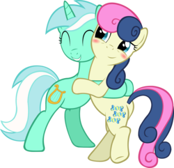 Size: 2016x1947 | Tagged: safe, artist:artpwny, bon bon, lyra heartstrings, sweetie drops, g4, bipedal, blushing, female, hug, lesbian, ship:lyrabon, shipping, simple background, transparent background, vector