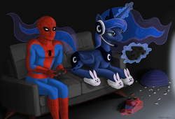 Size: 7000x4768 | Tagged: safe, artist:chari-san, princess luna, gamer luna, g4, absurd resolution, clothes, couch, crossover, male, slippers, spider-man