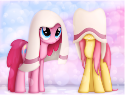 Size: 1095x830 | Tagged: safe, artist:ctb-36, fluttershy, pinkie pie, earth pony, pegasus, pony, g4, abstract background, bubble, covered eyes, ctb-36 is trying to murder us, cute, daaaaaaaaaaaw, diapinkes, duo, featured image, female, grin, hidden eyes, hnnng, mare, shyabetes, smiling, smiling at you, squee, sweet dreams fuel, towel, towel on head, weapons-grade cute, wet, wet mane