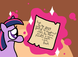 Size: 697x510 | Tagged: dead source, safe, artist:kingmunchy, twilight sparkle, pony, g4, book, letter, solo, wat