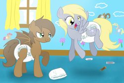 Size: 1280x853 | Tagged: safe, artist:fillyscoots42, derpy hooves, oc, oc:flying sparks, bat pony, pony, g4, crayon, cute, derpabetes, diaper, diaper fetish, doodle, eyes open, green eyes, non-baby in diaper, ocbetes, poofy diaper