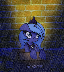 Size: 701x787 | Tagged: safe, artist:dankodeadzone, princess luna, alicorn, pony, g4, adoption, box, brick wall, jewelry, pony in a box, rain, regalia, s1 luna, sad, solo