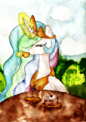 Size: 1598x2258 | Tagged: safe, artist:chiuuchiuu, princess celestia, pony, g4, cake, female, happy, magic, solo, tea, teacup, telekinesis, traditional art