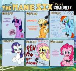 Size: 3345x3133 | Tagged: safe, artist:redapropos, applejack, fluttershy, pinkie pie, rainbow dash, rarity, twilight sparkle, earth pony, pegasus, pony, unicorn, g4, call of duty, call of duty: black ops 2, comic, crossover, crying, female, mane six, mare, unicorn twilight