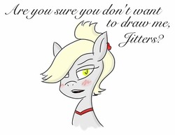 Size: 500x385 | Tagged: safe, artist:theoreticalquestion, derpy hooves, pegasus, pony, g4, bedeviled-derpy, bedeviledderpy, dialogue, fanart, female, jitterbug jive, jitters, mare, simple background, solo, tumblr, white background
