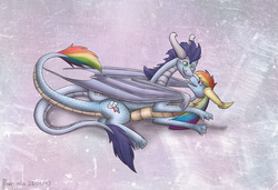 Size: 1821x1249 | Tagged: safe, artist:floravola, rainbow dash, soarin', dragon, g4, dragonified, female, male, purple background, rainbow dragon, ship:soarindash, shipping, simple background, species swap, straight
