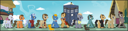 Size: 3708x900 | Tagged: safe, artist:goofycabal, doctor whooves, perfect pace, perry pierce, time turner, christopher eccleston, colin baker, crossover, david tennant, doctor who, eighth doctor, eleventh doctor, fifth doctor, first doctor, fourth doctor, jon pertwee, matt smith, ninth doctor, patrick troughton, paul mcgann, peter davison, ponified, second doctor, seventh doctor, sixth doctor, sylvester mccoy, tardis, tenth doctor, the doctor, third doctor, tom baker, william hartnell