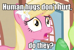 Size: 734x497 | Tagged: safe, edit, edited screencap, screencap, lily, lily valley, earth pony, pony, g4, female, hug, image macro, mare, text