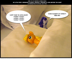 Size: 1024x846 | Tagged: safe, artist:kturtle, applejack, rarity, earth pony, pony, unicorn, g4, look before you sleep, bed, brushable, comic, dialogue, irl, lying down, my favorite scenes, photo, pillow, toy