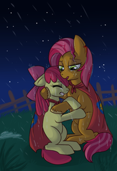 Size: 450x654 | Tagged: safe, artist:lulubell, apple bloom, babs seed, earth pony, pony, g4, comfort, crying, female, hurt/comfort, lesbian, rain, sad, ship:appleseed, shipping, woobie
