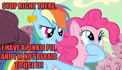 Size: 797x461 | Tagged: safe, edit, edited screencap, screencap, pinkie pie, rainbow dash, g4, the last roundup, caption, hooves, mouth, warning