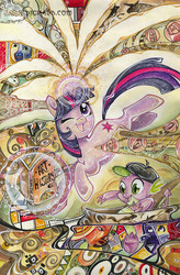 Size: 688x1050 | Tagged: dead source, safe, alternate version, artist:sara richard, idw, spike, twilight sparkle, dragon, pony, unicorn, g4, micro-series #1, my little pony micro-series, abstract art, book, comic cover, cover, cover art, duo, duo male and female, female, horn, levitation, magic, male, mare, open mouth, open smile, smiling, tail, telekinesis, textless, textless version, unicorn twilight, variant cover