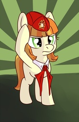 Size: 1000x1543 | Tagged: safe, artist:postscripting, tag-a-long, earth pony, pony, g4, female, pioneer, salute, solo, soviet, thin mint