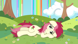 Size: 1920x1080 | Tagged: safe, artist:tryhardbrony, roseluck, earth pony, pony, g4, female, flower, grass, looking at you, rainbow waterfall, scenery, show accurate, solo, sultry pose, wallpaper, winsome falls