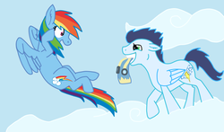 Size: 1024x603 | Tagged: safe, artist:anetopachy, rainbow dash, soarin', g4, female, male, ship:soarindash, shipping, straight, wonderbolts uniform