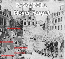 Size: 1304x1179 | Tagged: safe, edit, pinkie pie, rainbow dash, twilight sparkle, earth pony, human, pegasus, pony, unicorn, g4, /b/, 1000 years in photoshop, 2/26/2011, 4chan, artifact, black and white, boston massacre, building, caption, city, cityscape, clothes, grayscale, gun, image macro, looking at you, massacre, meme, monochrome, never forget, newfag face, print, rifle, shrug, text, troll, trollface, uniform, user was banned for this post, weapon