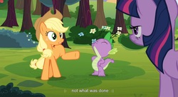 Size: 1599x871 | Tagged: safe, screencap, applejack, spike, twilight sparkle, dragon, earth pony, pony, g4, spike at your service, female, male, mare, youtube caption, youtube link