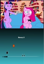 Size: 410x599 | Tagged: safe, artist:terry, pinkie pie, twilight sparkle, earth pony, pony, unicorn, g4, at gunpoint, exploitable meme, female, gun, gun meme, mare, meme, the imposible game, threatening, weapon