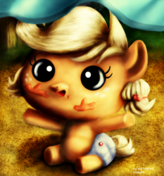 Size: 960x1032 | Tagged: safe, artist:normalcolt, applejack, earth pony, pony, apple family reunion, g4, baby, baby pony, babyjack, creepy, cursed image, diaper, female, no mouth, solo, uncanny valley