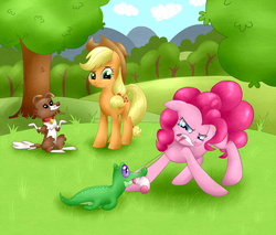 Size: 1200x1020 | Tagged: safe, artist:poneebill, applejack, gummy, pinkie pie, winona, g4, sock, tug of war