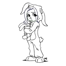 Size: 945x945 | Tagged: safe, artist:megasweet, fluttershy, human, rabbit, g4, bunny costume, bunnyshy, clothes, female, humanized, onesie, pajamas, plushie, slippers, young