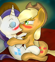 Size: 1104x1246 | Tagged: safe, artist:xcuteikinz, applejack, rarity, earth pony, pony, unicorn, g4, blushing, duo, female, kiss on the lips, kissing, lesbian, mare, ship:rarijack, shipping