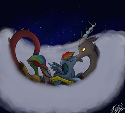 Size: 1884x1711 | Tagged: safe, artist:vigilantefreak, discord, rainbow dash, draconequus, pegasus, pony, g4, crack shipping, female, intertwined tails, kissing, male, mare, ship:discodash, shipping, straight