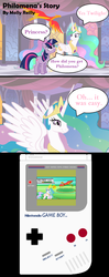 Size: 720x1818 | Tagged: safe, artist:sailorstarprotector, philomena, princess celestia, twilight sparkle, phoenix, g4, comic, crossover, game boy, nintendo, pokémon