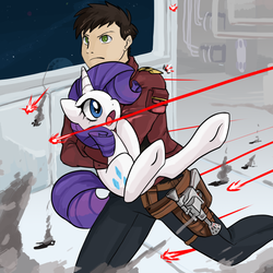 Size: 1750x1750 | Tagged: safe, artist:bigbuxart, rarity, oc, human, g4, blaster, fanfic, fanfic art, fight, gun, laser, running, smuggler, star wars