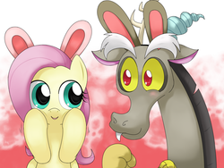 Size: 1440x1080 | Tagged: safe, artist:hoyeechun, discord, fluttershy, g4, blushing, bunny ears, female, male, ship:discoshy, shipping, straight