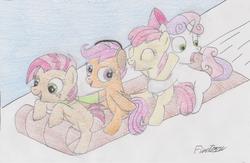 Size: 1892x1230 | Tagged: safe, artist:poknees, apple bloom, babs seed, scootaloo, sweetie belle, g4, cutie mark crusaders, happy, headphones, smiling, traditional art