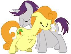 Size: 1189x898 | Tagged: safe, artist:xgsymarley, carrot top, golden harvest, written script, earth pony, pony, unicorn, g4, duo, female, male, male pregnancy, mare, pregnant, pregnant edit, ship:goldenscript, shipping, show accurate, simple background, smiling, stallion, straight, white background