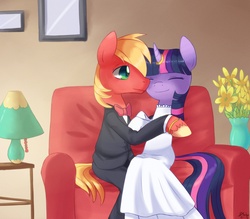 Size: 1600x1400 | Tagged: safe, artist:solar-slash, big macintosh, twilight sparkle, earth pony, pony, unicorn, semi-anthro, g4, clothes, dress, female, male, married, ship:twimac, shipping, straight