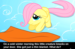 Size: 1024x671 | Tagged: safe, fluttershy, pegasus, pony, g4, blanket, bronybait, caption, cloud, cs captions, filly, floppy ears, foal