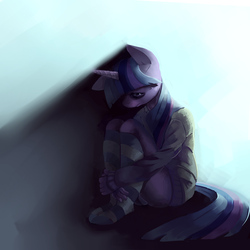 Size: 1000x1000 | Tagged: safe, artist:mewball, twilight sparkle, unicorn, anthro, unguligrade anthro, g4, bags under eyes, clothes, depressed, female, fetal position, lighting, looking down, sad, simple background, socks, solo, sweater, unicorn twilight