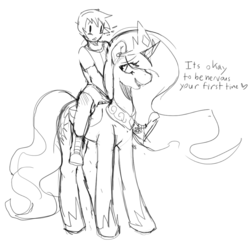 Size: 1000x1000 | Tagged: safe, artist:mewball, princess celestia, alicorn, human, pony, g4, crown, grayscale, hoof shoes, humans riding ponies, innuendo, jewelry, looking back, momlestia, monochrome, nervous, peytral, regalia, riding, smiling, speech, standing