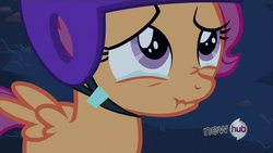 Size: 1920x1080 | Tagged: safe, scootaloo, g4, sleepless in ponyville, crying, helmet, hub logo, scrunchy face, teary eyes
