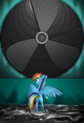 Size: 1024x1500 | Tagged: safe, artist:jphyperx, rainbow dash, pegasus, pony, fanfic:rainbow factory, g4, bipedal, fan, female, mare, solo, unamused, wet, wet mane