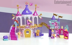 Size: 510x323 | Tagged: safe, applejack, fluttershy, pinkie pie, princess cadance, rainbow dash, twilight sparkle, g4, brushable, castle, female, irl, photo, playset, toy