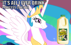 Size: 812x518 | Tagged: safe, princess celestia, g4, banana, banana milk, image macro, milk, product placement