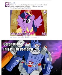 Size: 677x816 | Tagged: safe, twilight sparkle, alicorn, pony, g4, magical mystery cure, actually pretty funny, alicorn drama, female, galvatron, hashtag, hub logo, mare, roflbot, the transformers: the movie, this is bad comedy, transformers, twilight sparkle (alicorn)