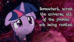 Size: 1920x1080 | Tagged: safe, twilight sparkle, pony, unicorn, g4, alicorn drama, bust, female, floppy ears, image macro, mare, meme, portrait, rustled my jimmies, sad, shitposting, solo, space