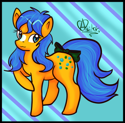 Size: 896x878 | Tagged: safe, artist:asikku, bubbles (g1), earth pony, pony, g1, abstract background, bow, coat markings, facial markings, female, signature, solo, star (coat marking), tail bow